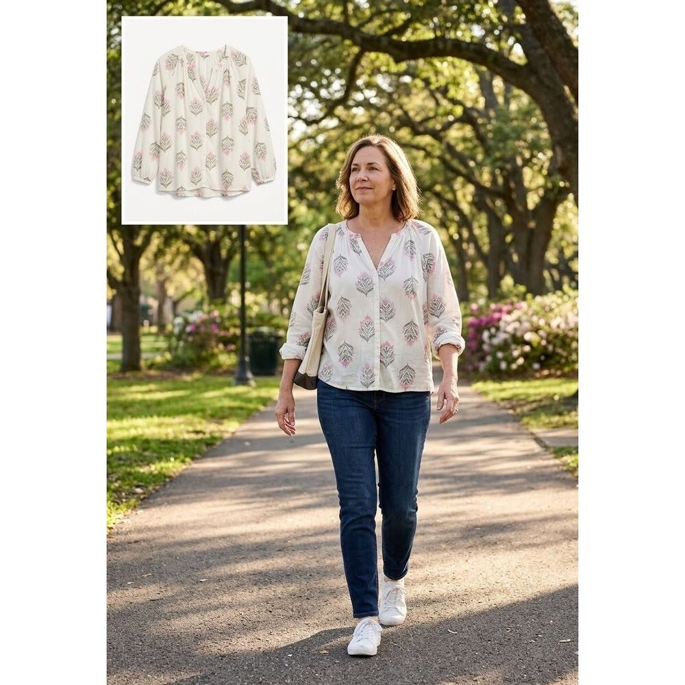Old Navy Blouse L Button Down Lightweight Cream Pink Floral Peasant Boho Cotton